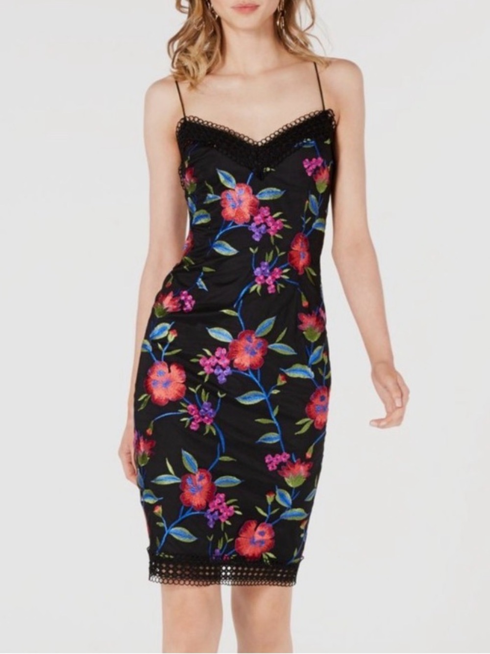 Aidan Mattox Black Floral Slip Dress with Pink & Blue Embroidery
